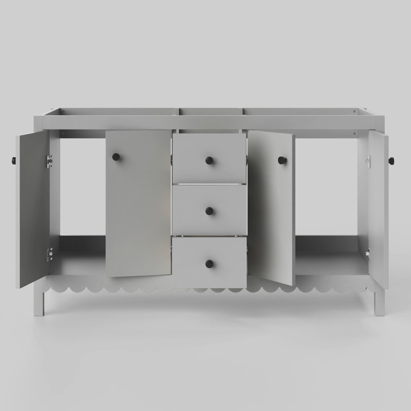 Meuble-lavabo à double cuve festonné 60 po - gris clair - sans comptoir - boutons noirs, Noir mat, Gris