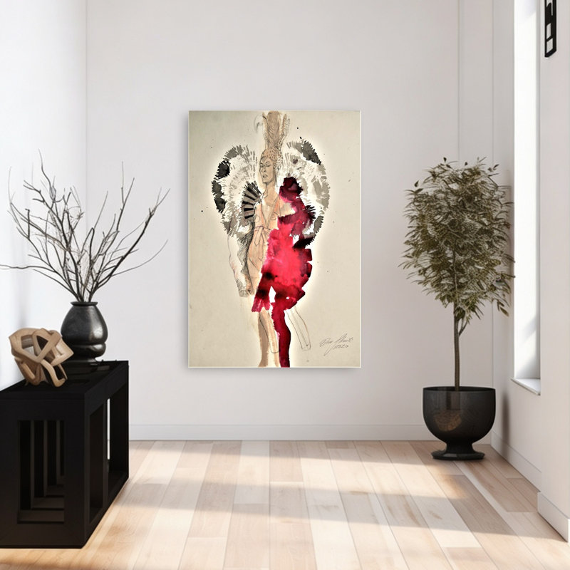 «Feathered Woman In Red Portrait», reproduction d'art murale, 48" H x 32" W