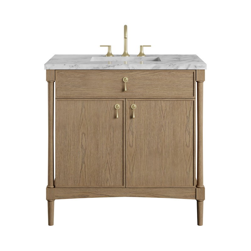 Kinnsden 36" W Single Vanity, Carrara Marble, Weathered Oak, 8" Widespread