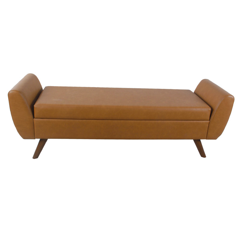 Rae Storage Bench Ottoman With Arms, Brown Faux Leather, Wood, 60 Inch