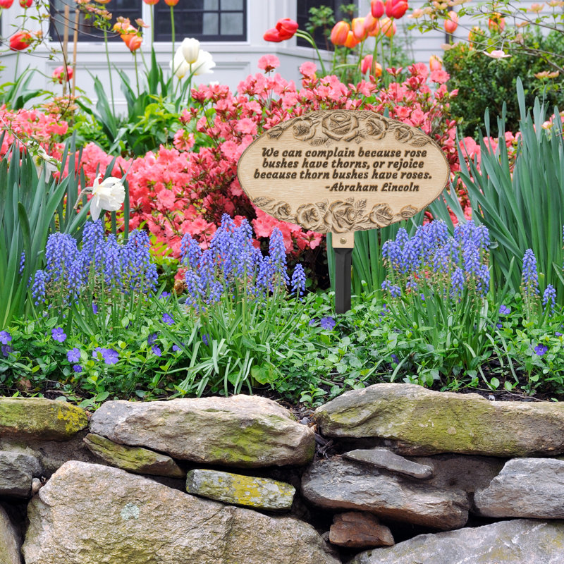 Rose Quote Oval Garden Lawn Plaque, Weathered Limestone/Dark Bronze, 46