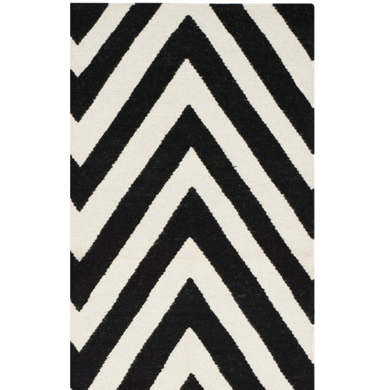 Rodgers Hand Woven Flat Weave Wool/Cotton Geometric Rug in Black/Ivory, Rectangle 8' x 10'