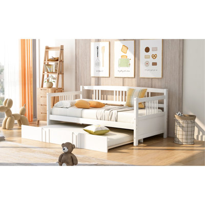 Twin Daybed Frame With Trundle, Made Of Solid Wood For Versatile Use In Rooms White Pull-Out And Structure