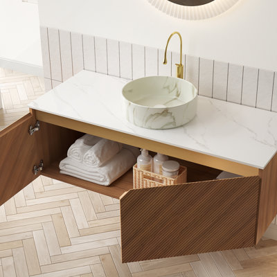 Bathroom Vanity With Round Ceramic Vessel Basin And Sintered Stone Top
