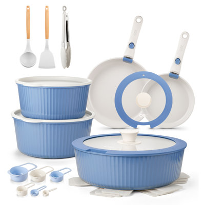 Cs Kochsysteme 19 Piece Cookware Set With Removable Handles, Pots And Pans Set With Detachable Handle, Stackable Rv Camping Kitchen Set, Dishwasher & Oven Safeinduction Compatible, Blue