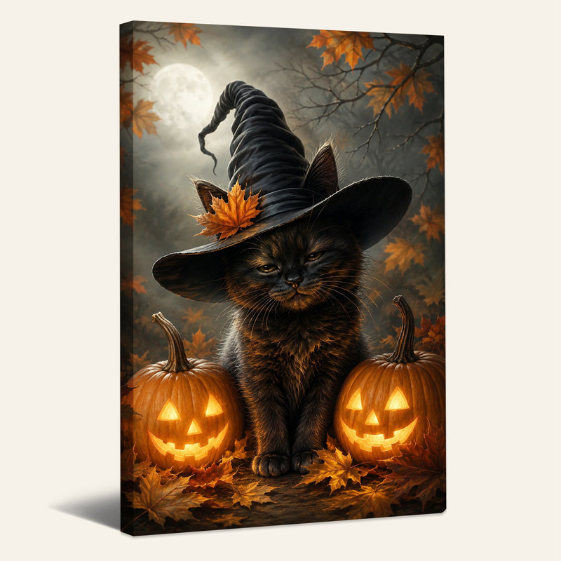 Chat noir portant un chapeau de sorcière avec une décoration d'Halloween Jack O, H 24 po x l 16 po