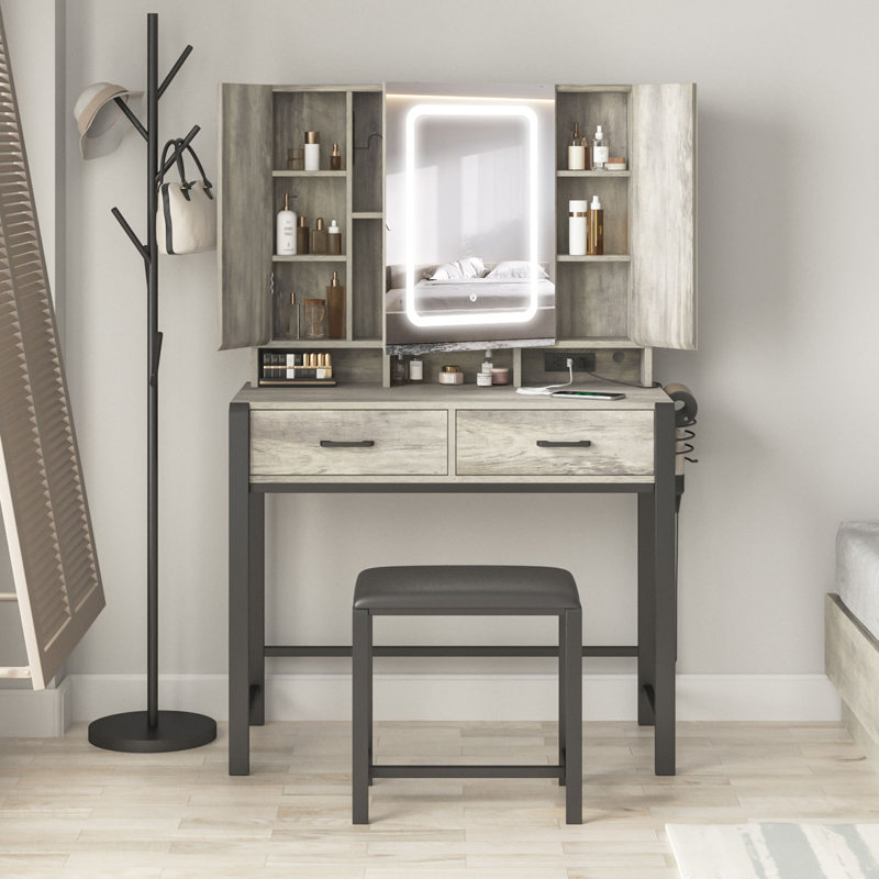 Tri-Fold Mirror Makeup Vanity Table with Lights