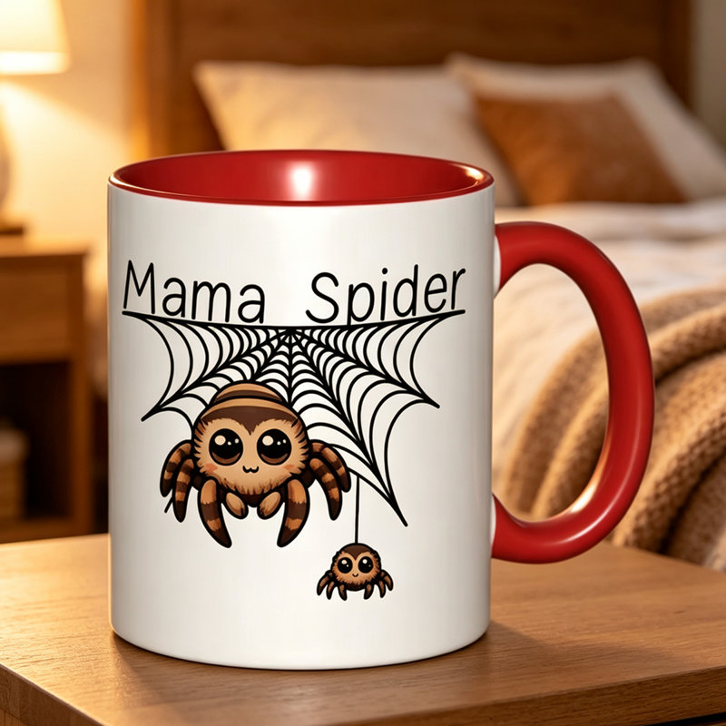 A Single Mama Spider Logo Ceramic Mug, Perfect for Coffee, Tea, Or Any Beverage.