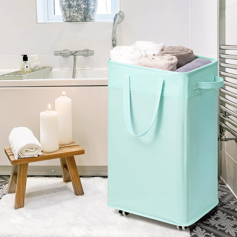 Panier à linge roulant avec roulettes, grand panier à linge pliable 75 L avec sac de lavage amovible, bleu