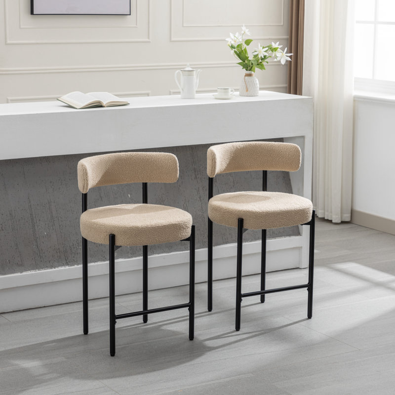 Beige Bouclé Upholstered Counter Stools with Metal Frame, Set of 4