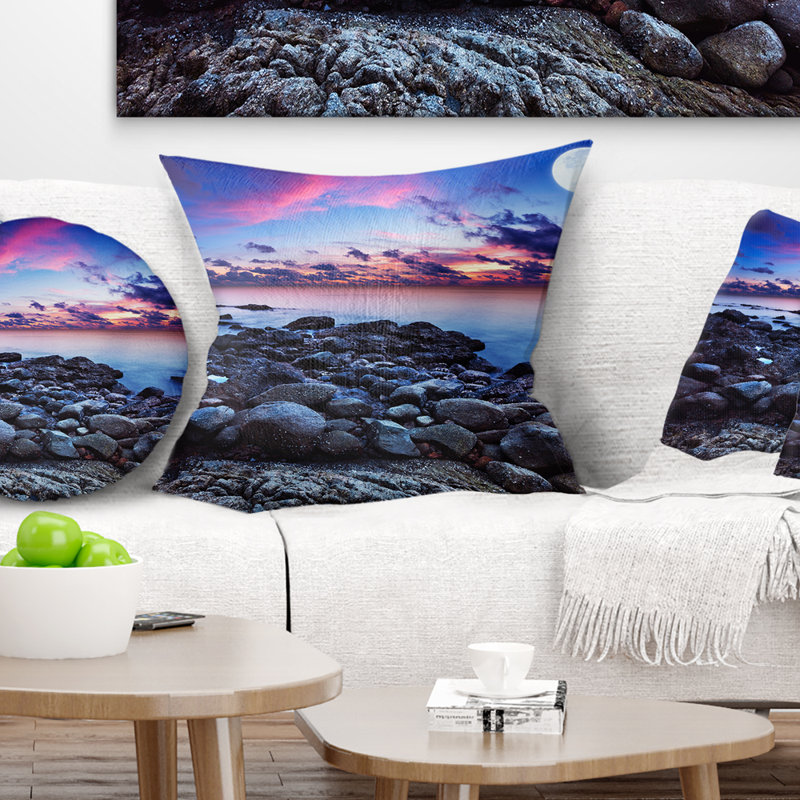Pleine lune fantaisie paysage marin - Coussin décoratif imprimé paysage, 16 po x 1 po, Carré