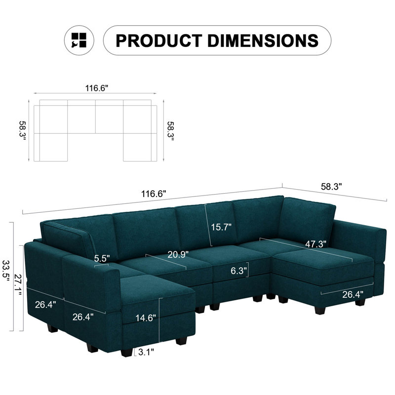 Upholstered Sectional Reversible, Peacock Blue 100% Polyester