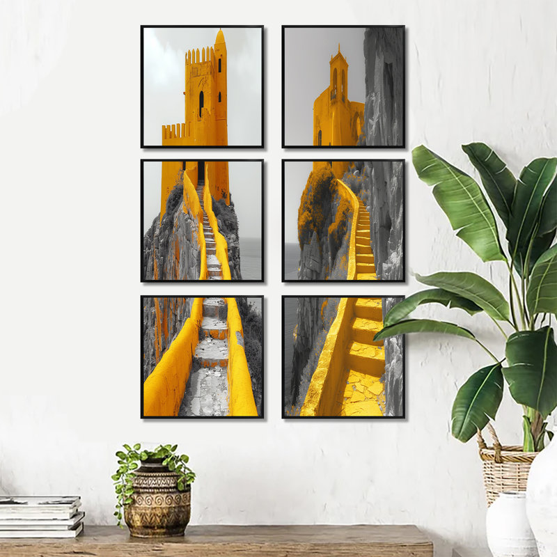Ensemble de 6 décorations murales monochromes jaune et gris de l'ancienne citadelle Fortress, Noir, Framed Print without Mat
