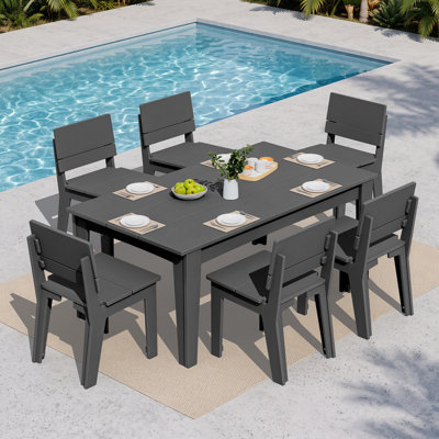 Planta 7‑Piece HDPE Outdoor Patio Dining Set Rectangular Table with Umbrella Hole & 6 Armless Dining Chairs