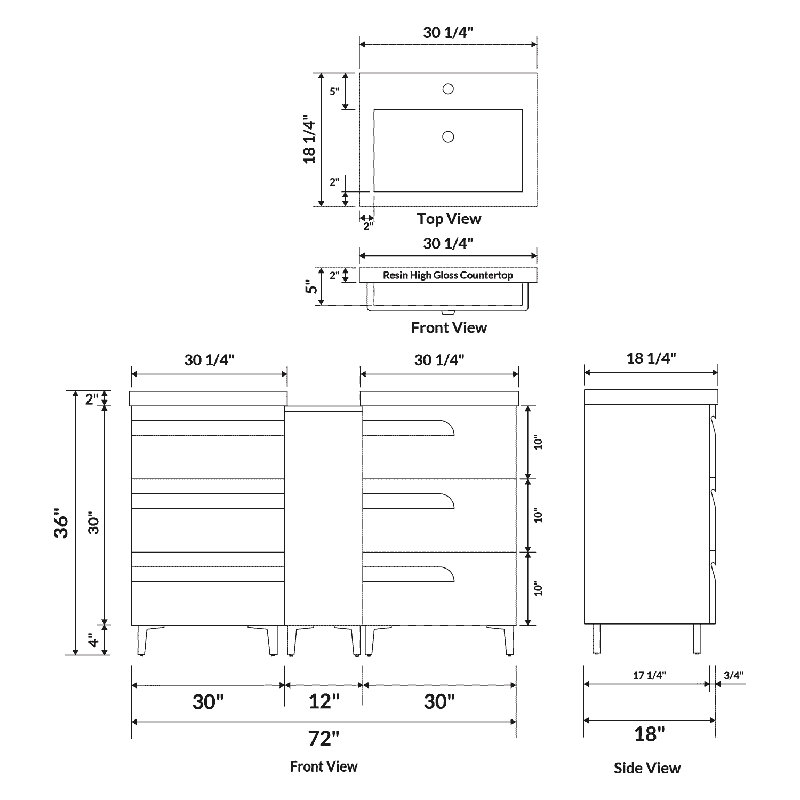 Meuble-lavabo double l 72 po x P 18 po x H 36 po