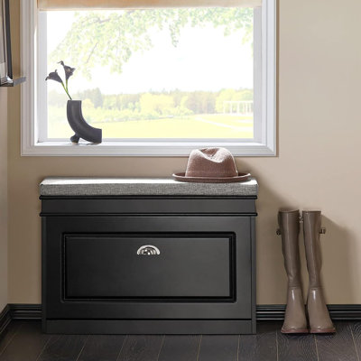 Narrow Hallway Shoe Bench, Small Shoe Cabinet with Flip - Drawer and Comfortable Seat Cushion for Entryways