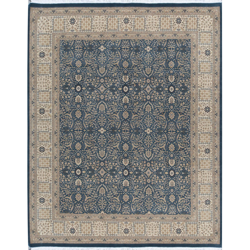 Tapis bleu et beige noué à la main de haute qualité