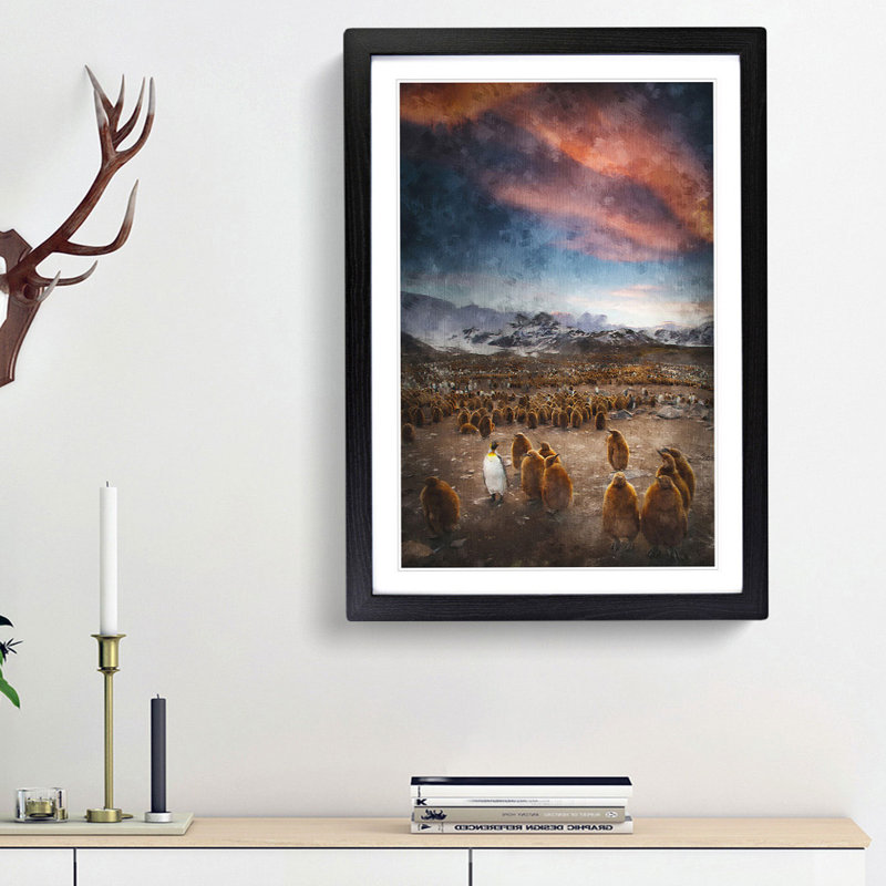 King Penguins & Mountains - Framed Print, Black Framed, 45cm H x 33cm W x 2cm D