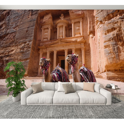 Papier peint à peler et coller, vue spectaculaire, deux beaux chameaux, peintures murales de trésor de Petra de Khazneh H 100 po x l 144 po, papier peint amovible en PVC, peinture murale auto-adhésive, décoration pour le salon de la chambre à coucher