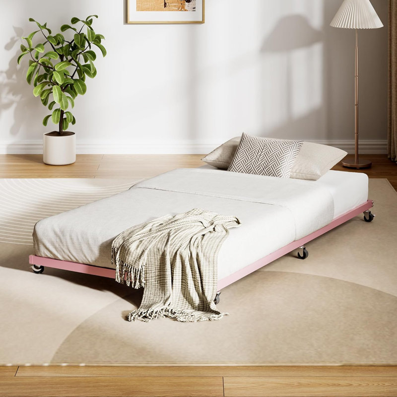 Twin Metal Roll Out Trundle Bed Frame with Wheels & Steel Slats, Pink, Pink