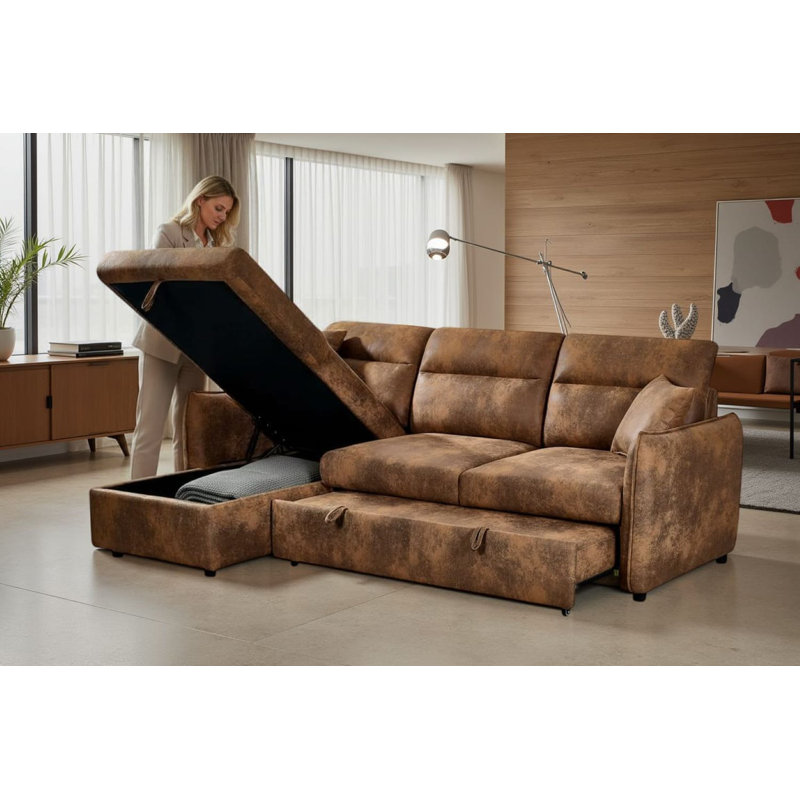4 Seater Sofa Bed, Brown, Left Hand Facing