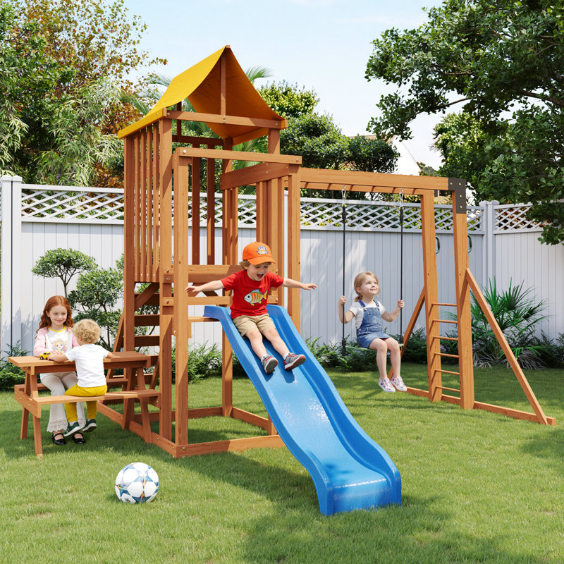 Ensembles de balançoires en bois pour la cour - Ensemble de jeu extérieur avec table d'extérieur 2 en 1, glissade à vagues de 6 pi, mur d'escalade et balançoire à ceinture, ensembles d'aire de jeux avec bar à singes