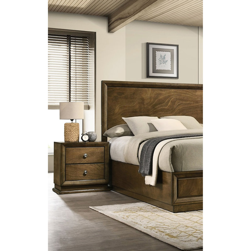 Table de chevet 1 pièce en noyer de style transitionnel, 2 tiroirs, poignée en métal bronze zingué, bois d'ingénierie, bois d'hévéa massif, placage, glissières centrales anglaises, assemblage simple pour chambre à coucher