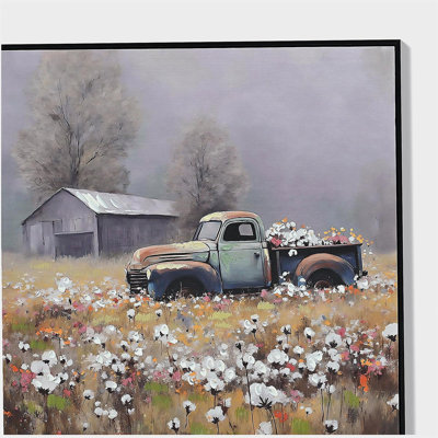 «Farmhouse Old Truck», art mural de vieille grange, impressions sur toile de camionnettes antiques, camion bleu avec fleurs florales rouges