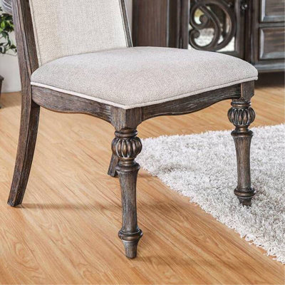 Elegant Rustic 7pc Dining Set Round Table And 6x Side Chairs Ivory Fabric Upholstered Seat Natural Tone