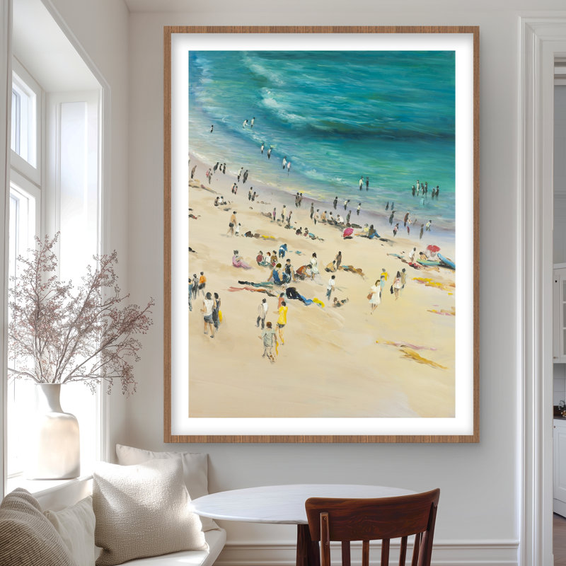 Summer Crowd at the Beach - Reproduction matte encadrée pour la décoration, Brun