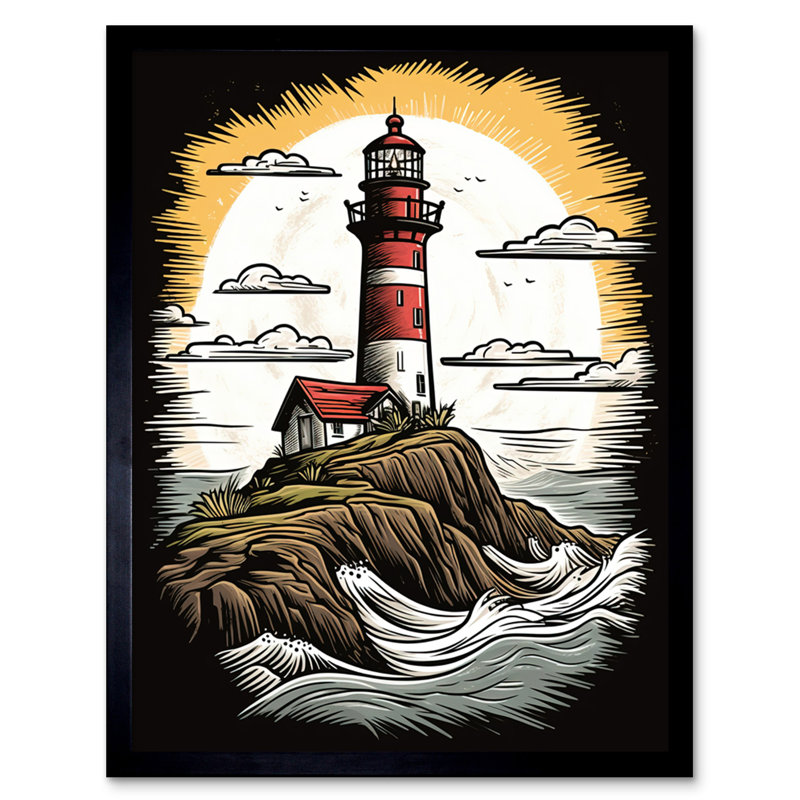 Marienthal Lighthouse on Cliff Old School USA Tattoo Ink Body Rockabilly Americana 1 Piece Single Picture Frame Wall Art