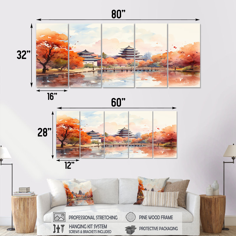«China China Autumn Serenity - China Art», art mural 5 pièces pour le salon, H 28 po x l 60 po