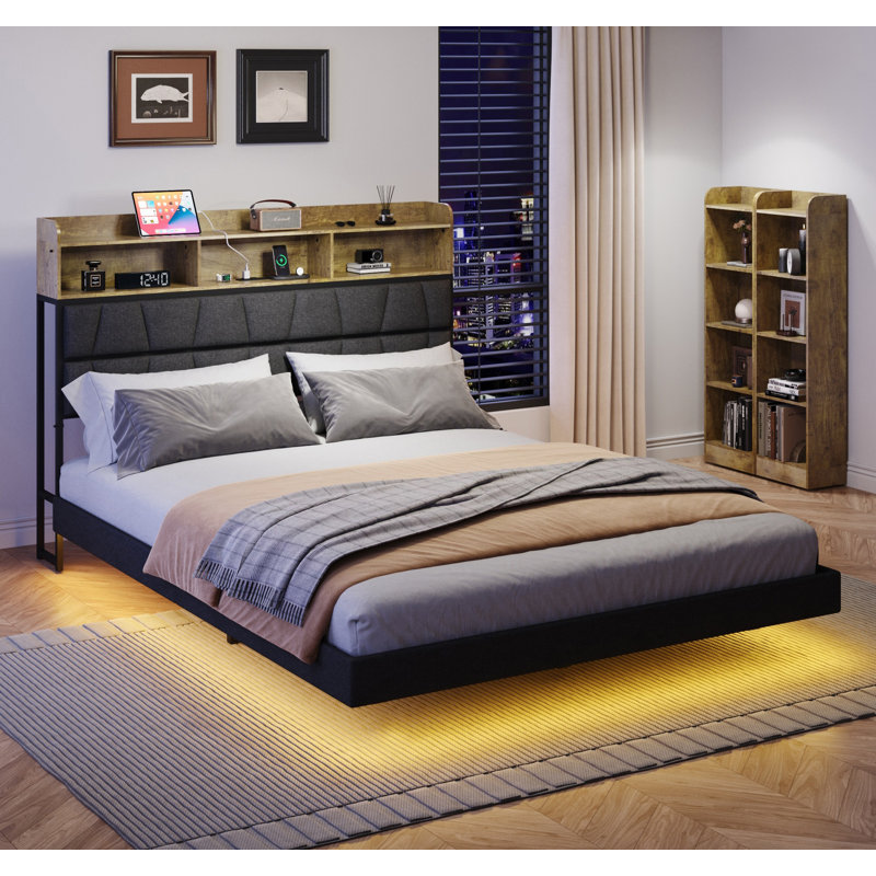 Floating Queen Bed Frame with LED Light and Bookcase Storage Headboard Queen Size Upholstered