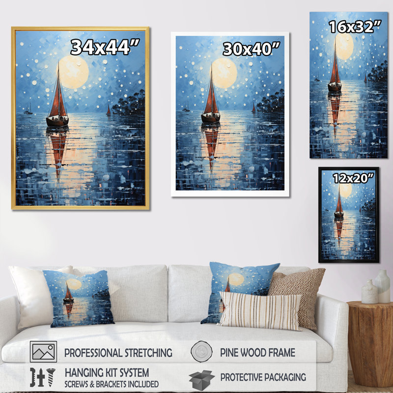 Bateau, voile, reflets, IV, bateau côtier, art mural, salon, H 44 po x l 34 po x P 1,5 po, Cadre flottant doré