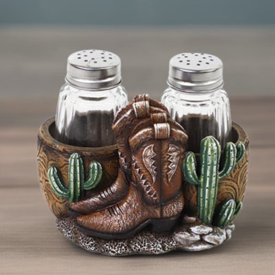 4.25"W Boots and Cactus Salt & Pepper Shakers Holder