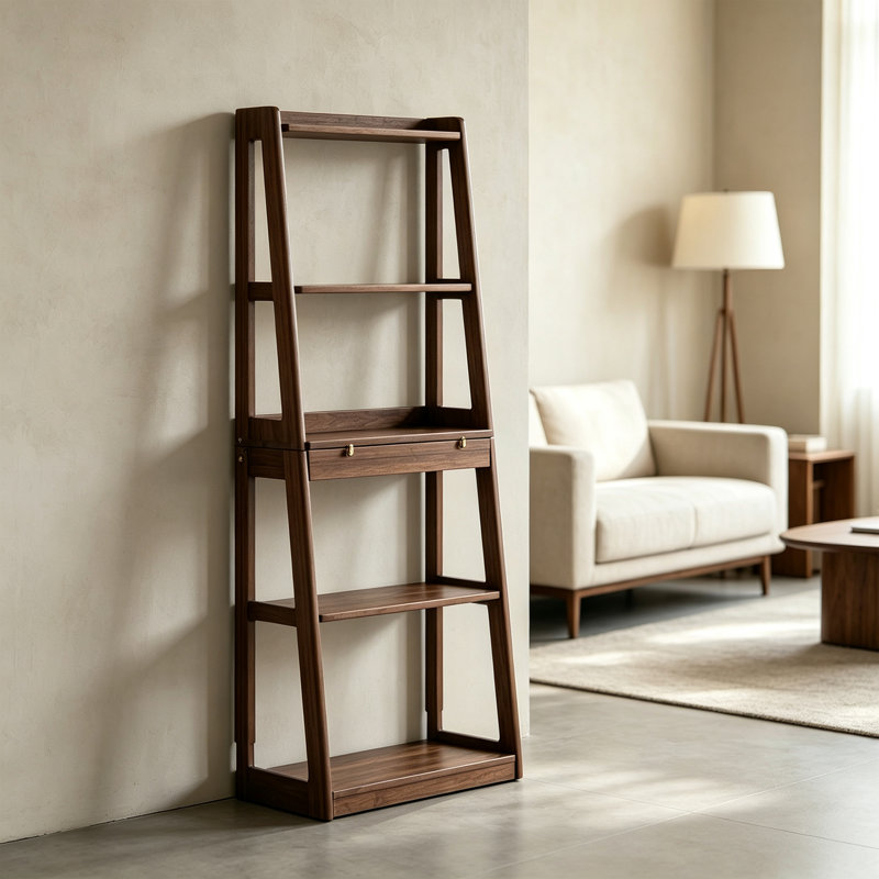 Bibliothèque de rangement trapézoïdale en bois d'hévéa, Walnut