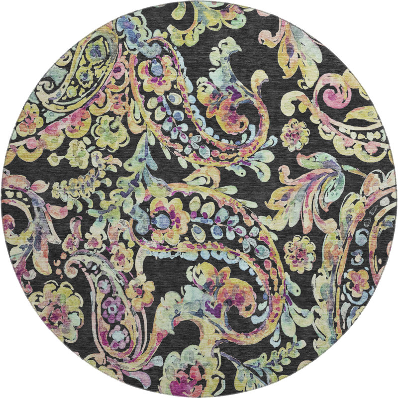 Premium Machine Washable Prisco Black Rug, Round 8'