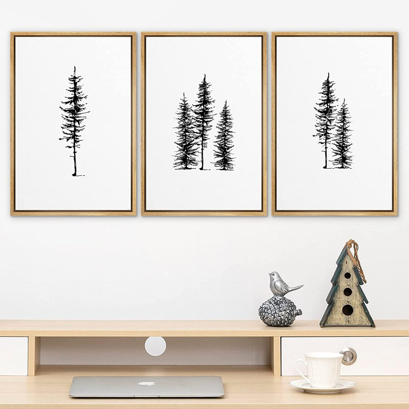 «Black and White Winter Pine Minimalist Modern», ensemble de 3 reproductions d'art encadrées sur toile, L 48 po x H 24 po