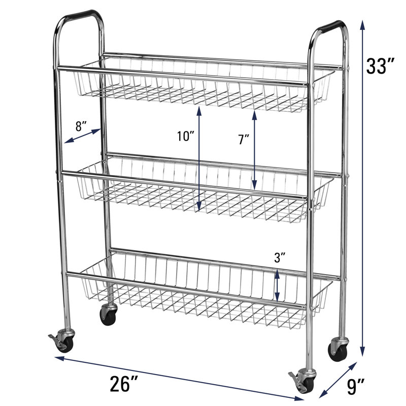 Chrome Iron 3-Basket Storage Cart, Silver