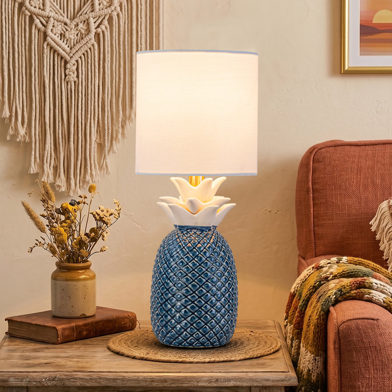 16.25" Pineapple Ceramic Table Lamp With Linen Shade, Novelty Desk Lamp For Nightstand,bedroom (blue And White), Blue/White