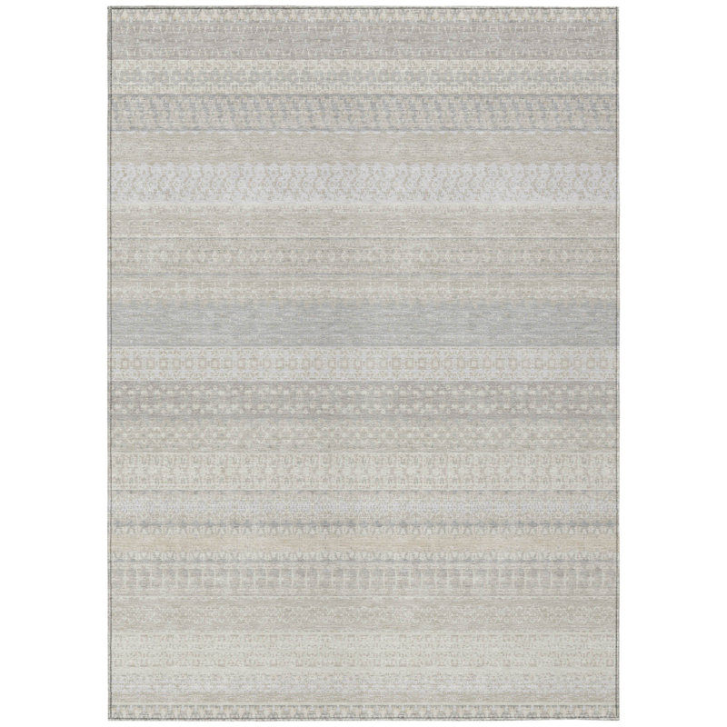 3' X 5' Ivory Striped Washable Indoor Outdoor Area Rug