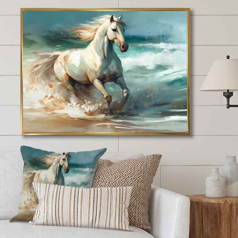 Cheval sur la plage II - art mural cheval pour le salon, H 34 po x l 44 po, Cadre flottant doré