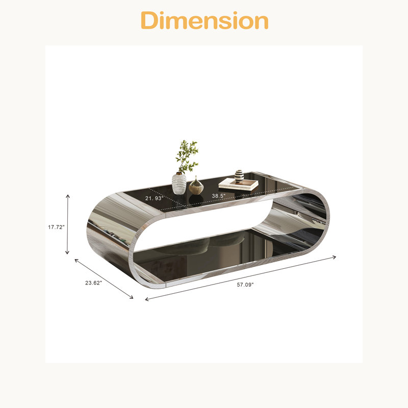 Table basse 57 po en acier inoxydable avec verre, table basse moderne pour le salon, plateau en verre à 2 niveaux avec design grand espace