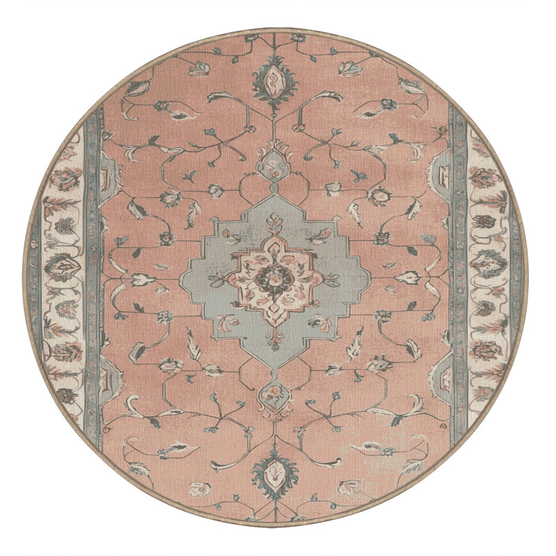Tapis beige Tabriz lavable à la machine, Rond 4 pi