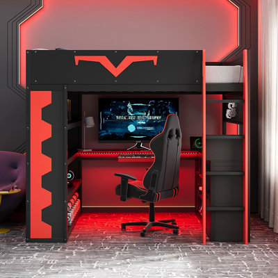 Lit mezzanine pleine grandeur avec bureau intégré et lumières à DEL RVB, lit Pro-Gamer avec prise de courant, bibliothèque, panneau perforé, plateau à clavier et tiroir de rangement