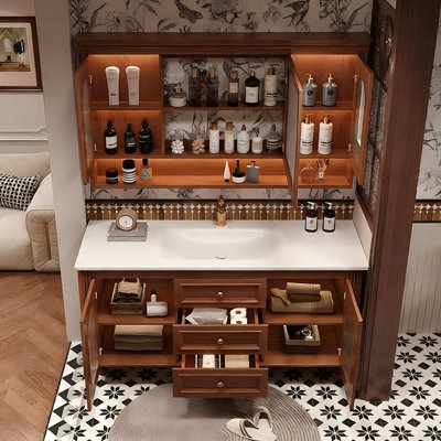 Meuble-lavabo autoportant 43,31 po en bois d'hévéa brun avec armoire à miroir