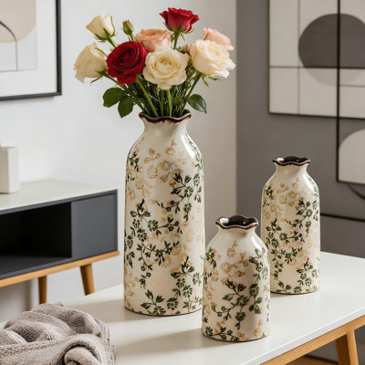 Ensemble de 3 vases en céramique à motif floral rétro pour le salon, la bibliothèque, le bureau et la chambre à coucher
