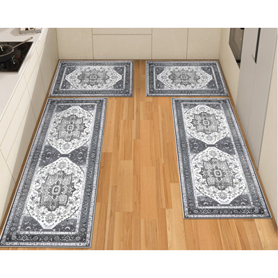 Boho Vintage 4-Piece Kitchen Mat Set, Washable Non-Skid Soft Floor Rugs