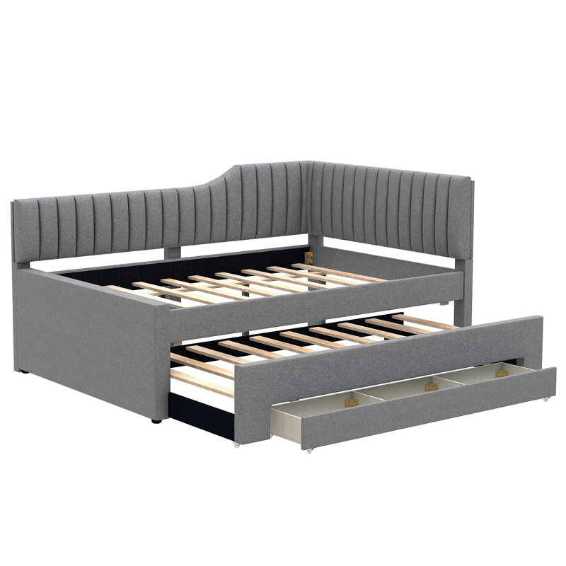 Upholstered Daybed With Trundle And 3 Drawers, Grey, Full / Double