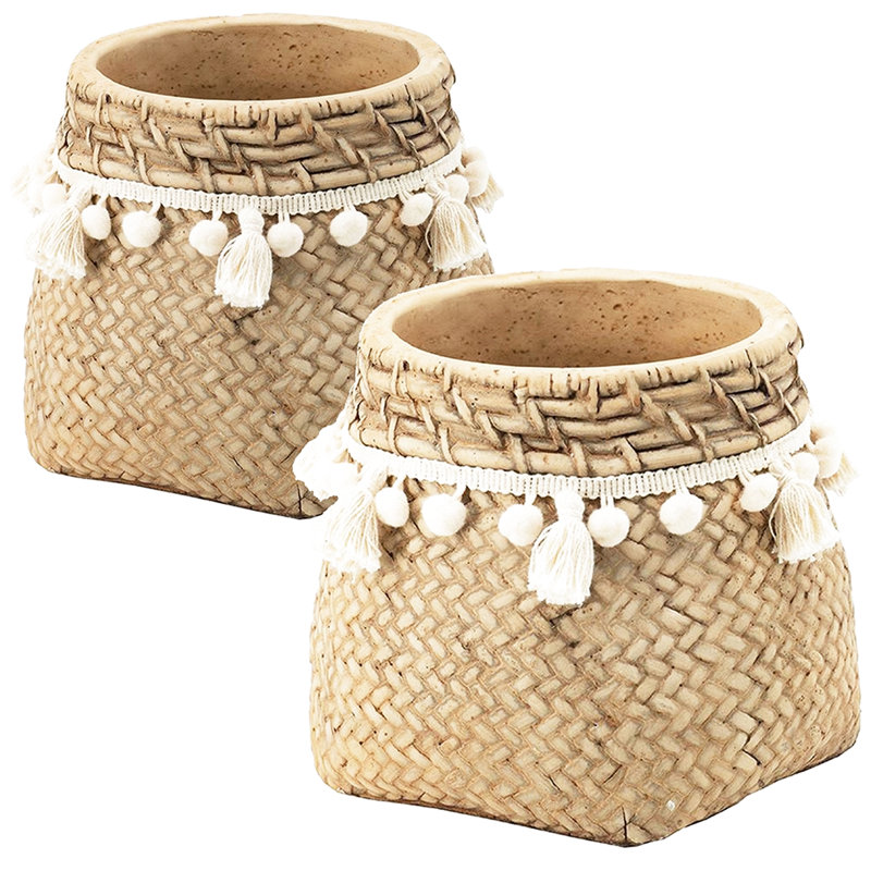 6.5X6.5X6 Inches Woven Tassel Brown Cement Planters, Of 2, Cream And , Suitable For Transitional Decor 2 Design, Brown, Fits Motifs